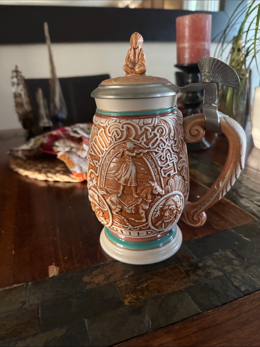 Avon Brown and Teal Ceramic Beer Stein with Pewter Lid